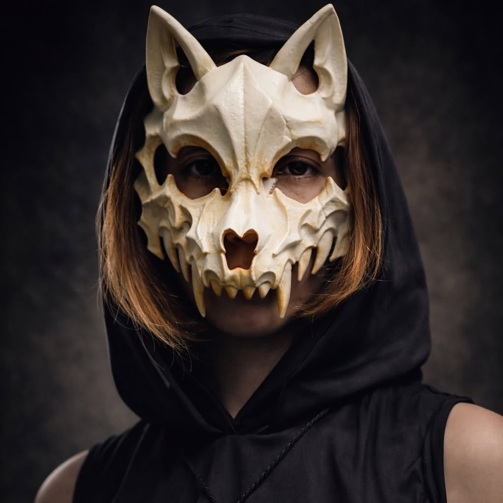Retrato de D.R. Wulf usando uma máscara de crânio de lobo